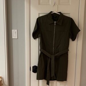 Aqua Olive Green Short Sleeve Zip-Up Dress